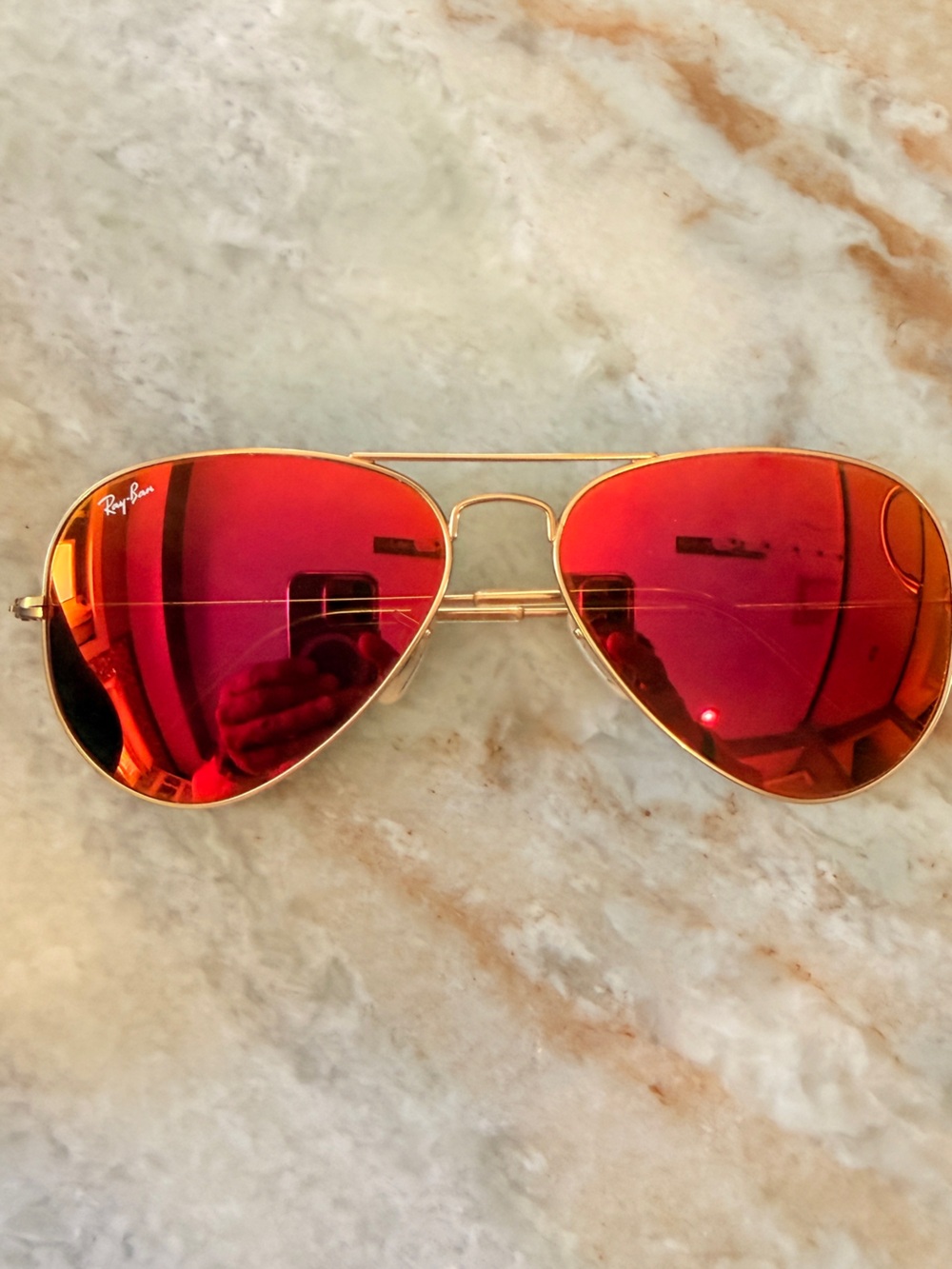 Ray-Ban Gold Frame Aviator Sunglasses with Red-Orange Mirrored Lenses